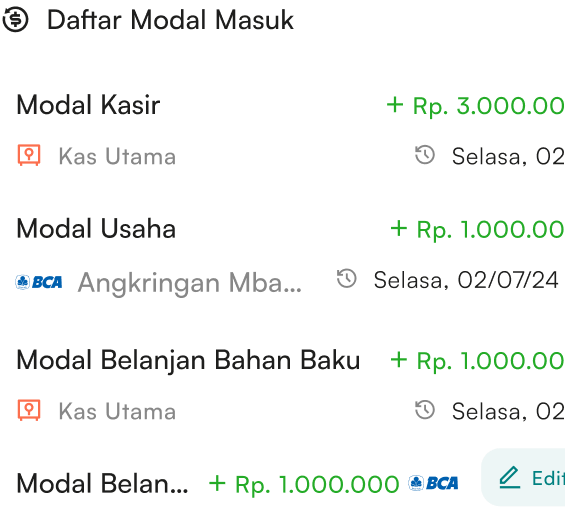 Tampilan riwayat modal